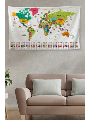 Harita Sepeti Detaylı Güncel Türkçe Dünya Haritası Kanvas Kumaş Duvar Örtüsü 100 x 65 cm