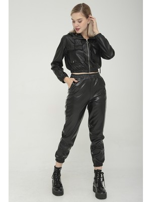 Yağızlar Kadın Siyah Paçası Lastikli Deri Pantolon