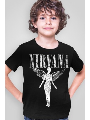 Rock&Roll Melek Nirvana Siyah Kısa Kollu Kız Erkek Uniseks Çocuk T-Shirt