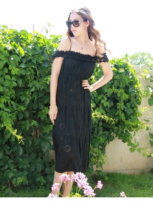 Bohemian Kadın Siyah Romantik Prenses Yaka Askılı Elbise