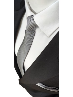 Elegante Cravatte Gümüş Gri Renginde Armürlü Oxford Desen Kravat ve Mendil