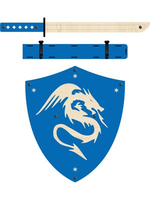 Ahtek Ahşap Oyuncak Japon Samuray-Ninja Kalkanı ve Katana Kılıcı Mavi