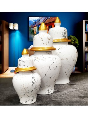 Otogar Çini 3'lü Mermer Desenli Seramik Salon Konsol Şah Küp Takımıseti Beyaz -Yaldızlı