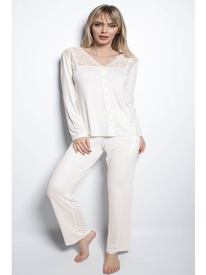 Monamise 18201 Kadın Uzun Kollu Pijama Takım-Ekru