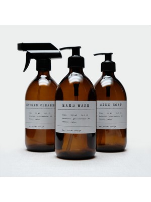 Trichi Design 500ML Amber Cam Sıvı Sabunluk ve Sprey Şişe Pp Beyaz Etiket ( 3 Adet )