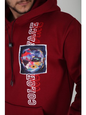 Kıyılı Erkek Bordo Kapüşonlu Desenli Yazılı Baskılı Sweatshirt