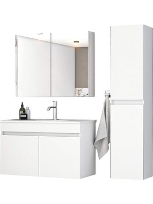 Alfa Banyo Viola Beyaz (80+35) 115 cm MDF Boy Dolaplı Lavabolu Banyo dolabı takımı**Demonte Değil**