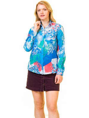 Exve Exclusive Mavi Beyaz Çiçek Desen Baskılı Kadın Gömlek