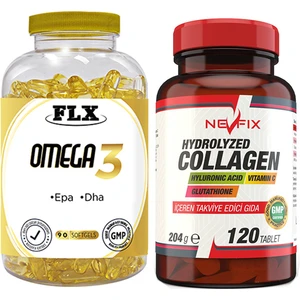 Flx Omega 3 Balık Yağı 90 Softgel & Nevfix Hydrolyzed Collagen Hyluronic Acid Vitamin C Glutathione 120 Tablet