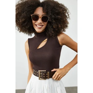 Kahverengi Yarım Balıkçı Yaka Göğüs Detaylı Kaşkorse Bluz 2KXK2-45443-18