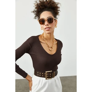 Kahverengi V Yaka Kaşkorse Bluz 2KXK2-45451-18