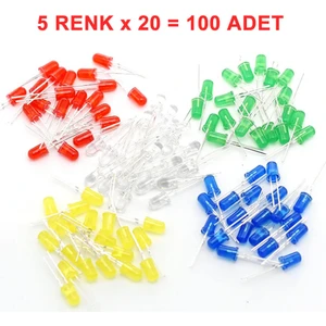 100 Adet 5mm LED Seti Kutulu 5 Renk Kırmızı Beyaz Yeşil Sarı Mavi