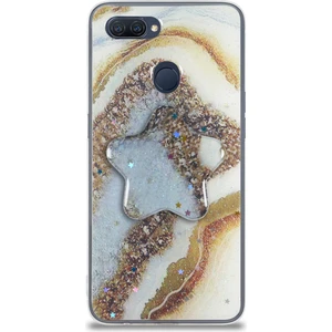 Caseart Oppo A5S Kapak Mermer Desenli Pop Socketli Silikon Kılıf - Gold