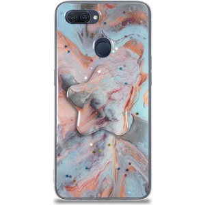 Caseart Oppo A5S Kapak Mermer Desenli Pop Socketli Silikon Kılıf - Mercan