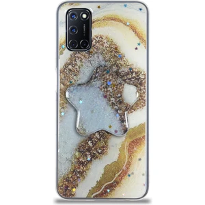 Caseart Oppo A52 Kapak Mermer Desenli Pop Socketli Silikon Kılıf - Gold
