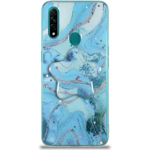 Caseart Oppo A31 Kapak Mermer Desenli Pop Socketli Silikon Kılıf - Mavi