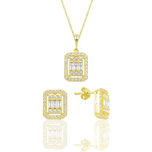 Söğütlü Silver Gümüş Altın Yaldızlı Baget Taşlı Ikili Set