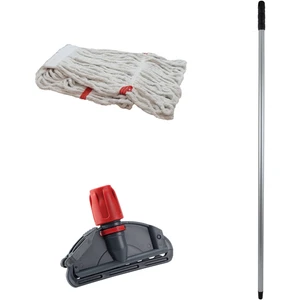 Çift Kovalı Temizlik Arabası Seti Yedek Mop Takımı - 350  gr - 17CM Dar Beyaz Islak Mop + Mop Tutucu + Sap