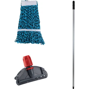 Dar Yedek Islak Mop Takımı - Beyaz 450  gr Mavi 17 Cm Islak Mop + Metal Sap + Mop Tutucu