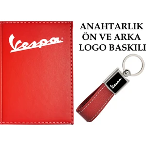 Promosyon Denizi  Vespa Logolu Kırmızı Ruhsat Kabı ve Vespa Logolu Anahtarlık