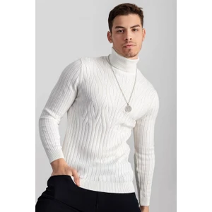 Slim Fit Dar Kesim Tam Balıkçı Yaka Saç Örgü Desenli Erkek Kazak