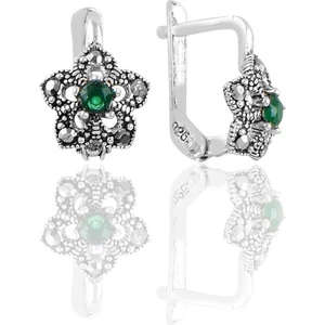 Söğütlü Silver Gümüş Markazit ve Kök Zümrüt Taşlı Lotus Modeli Küpe