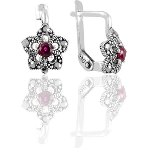 Söğütlü Silver Gümüş Markazit ve Kök Yakut Taşlı Lotus Modeli Küpe