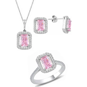 Söğütlü Silver Gümüş Pembe Baget Taşlı Üçlü Set