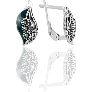 Söğütlü Silver Gümüş Yeşil Mineli Yaprak Modeli Markazit Taşlı Küpe