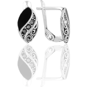 Söğütlü Silver Gümüş Siyah Mineli Mekik Markazit Taşlı Küpe