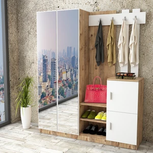 L'occi Concept Wood  Aynalı Askılı Kapaklı Vestiyer Portmanto Ayakkabılık Çam-Beyaz