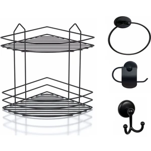 Banyo Aksesuar Seti 3 Lü Siyah , Ömür Boyu Paslanmaz Köşelik Duş Rafı Şampuanlık Siyah Ek-02