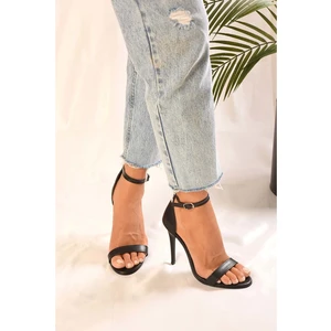 Kadin Tek Bantli Siyah Cilt Topuklu Ayakkabi