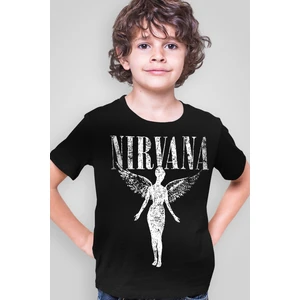 Melek Nirvana Siyah Kısa Kollu Kız Erkek Uniseks Çocuk T-Shirt