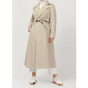 Cng Moda Kadın Kemerli Yünlü Astarsız Taş Kaşe Kaban