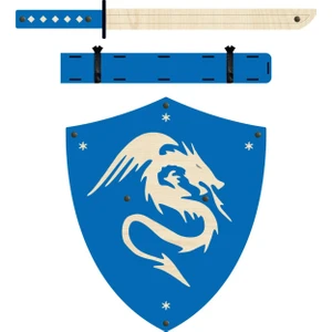 Ahşap Oyuncak Japon Samuray-Ninja Kalkanı ve Katana Kılıcı Mavi