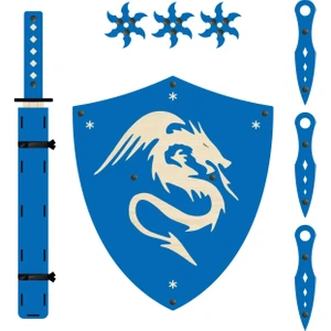 Ahşap Oyuncak Samuray Seti 4 Lü, Kalkan + Katana Kılıcı + Ninja Yıldızı Kohga + Fırlatma Bıçağı Kunai Mavi
