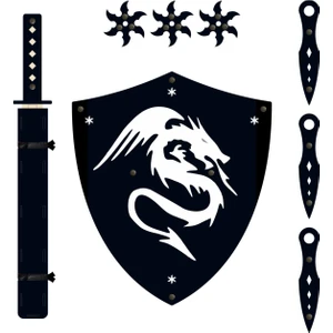 Ahşap Oyuncak Samuray Seti 4 Lü, Kalkan +Katana Kılıcı +Ninja Yıldızı Kohga +Fırlatma Bıçağı Kunai Siyah