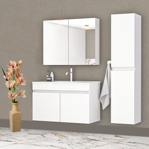 Alfa Banyo Viola Beyaz (80+35) 115 cm MDF Boy Dolaplı Lavabolu Banyo dolabı takımı**Demonte Değil**
