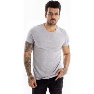 DeepSEA Gri Erkek/Unisex Slim Fit Dar Kesim Bisiklet Yaka Pamuklu Likralı Basic Tişört 1801131
