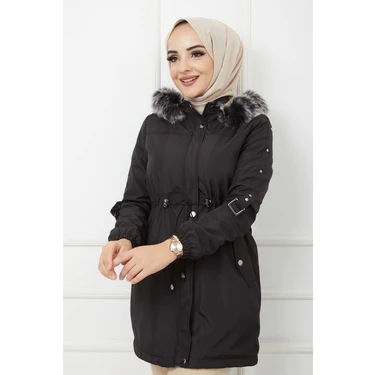 Vibeys Collection Siyah Içi Kürkü ve Su Geçirmez Bayan Kışlık Mont &