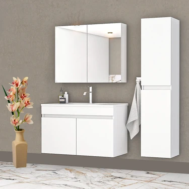 Alfa Banyo Viola Beyaz (80+35) 115 cm MDF Boy Dolaplı Lavabolu Banyo dolabı takımı**Demonte