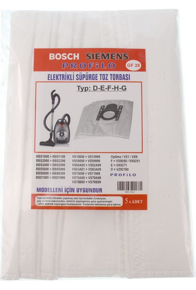 Kg-part Bosch-Profilo-Siemens Typ G Süpürge Toz Torbası 5'li