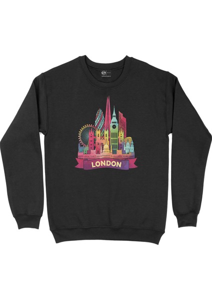 Renkli Londra Illüstrasyon Siyah Sweatshirt