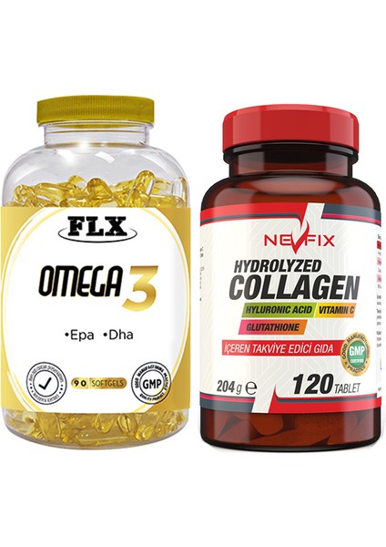 Flx Omega 3 Balık Yağı 90 Softgel & Nevfix Hydrolyzed Collagen Hyluronic Acid Vitamin C Glutathione 120 Tablet