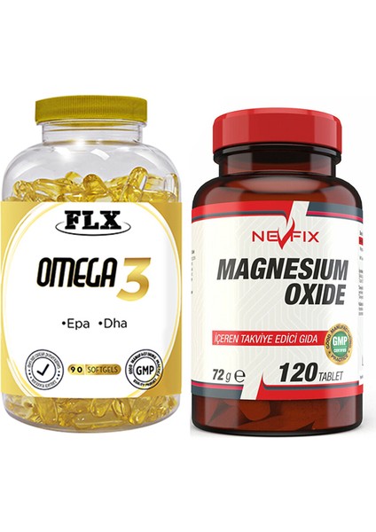 Flx Omega 3 Balık Yağı 90 Softgel & Nevfix Magnesium Oxide Magnezyum 250 Mg 120 Tablet