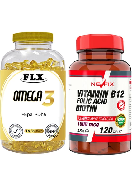 Flx Omega 3 Balık Yağı 90 Softgel & Nevfix Vitamin B12 1000 Mcg 120 Tablet