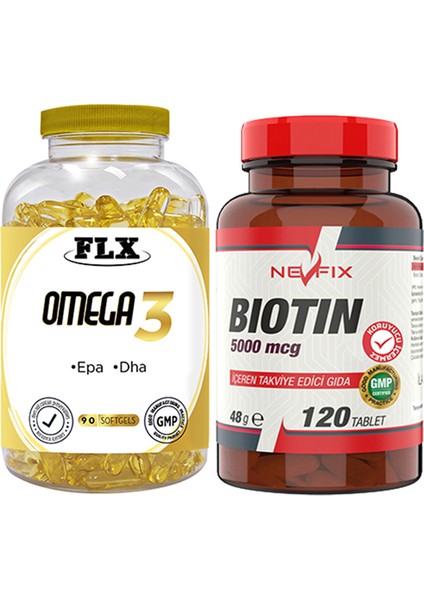 Flx Omega 3 Balık Yağı 90 Softgel & Nevfix Biotin 5000 Mcg 120 Tablet