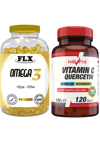 Flx Omega 3 Balık Yağı 90 Softgel & Nevfix Vitamin C Quercetin Bromelain 120 Tablet