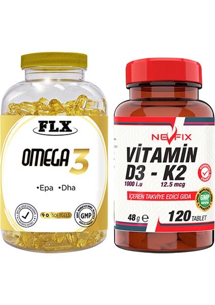 Flx Omega 3 Balık Yağı 90 Softgel & Nevfix Vitamin D3-K2 120 Tablet